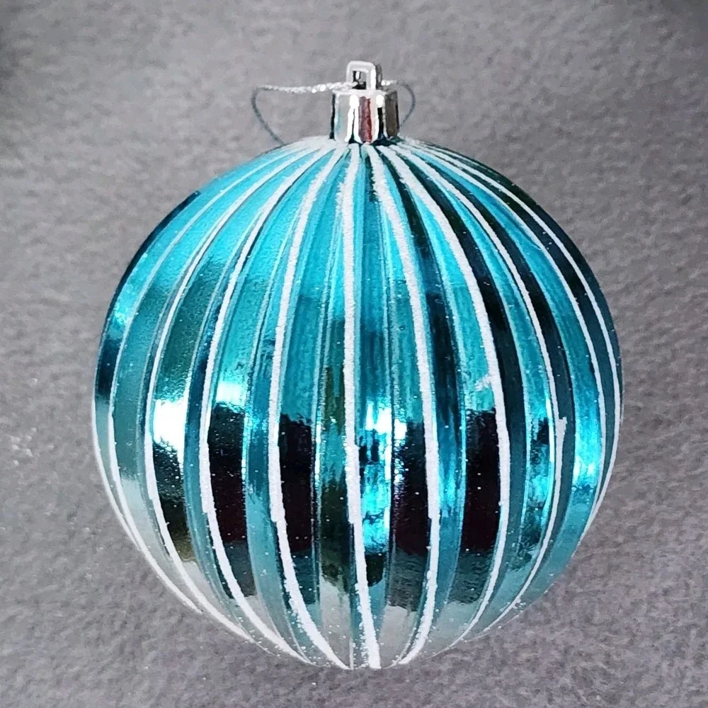 4 Blue‎ & Silver Striped Christmas Round Ball Ornaments Coastal Plastic 4